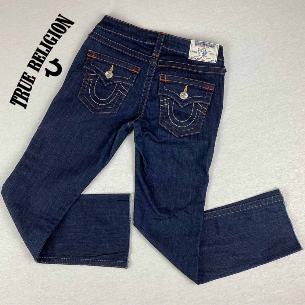 True Religion Becky Raw Edge Hem Dark Wash Flap Pocket TR Logo Bootcut Jeans